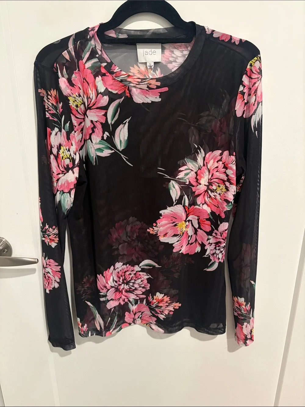 Jade Black Mesh Long-Sleeve Top with Pink Floral Print - Picture 1 of 4